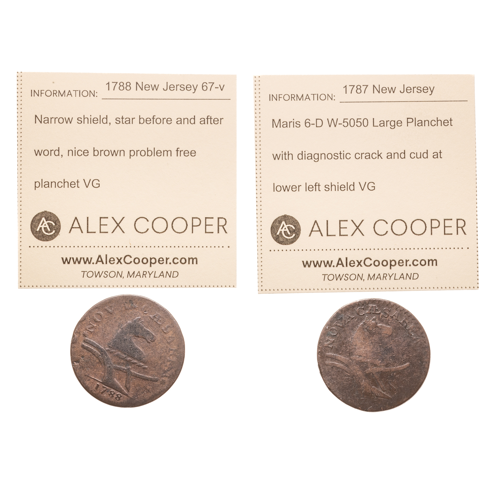 TWO NEW JERSEY COPPERS 1787 6-D