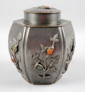 CHINESE PEWTER TEA CADDY INLAID WITH