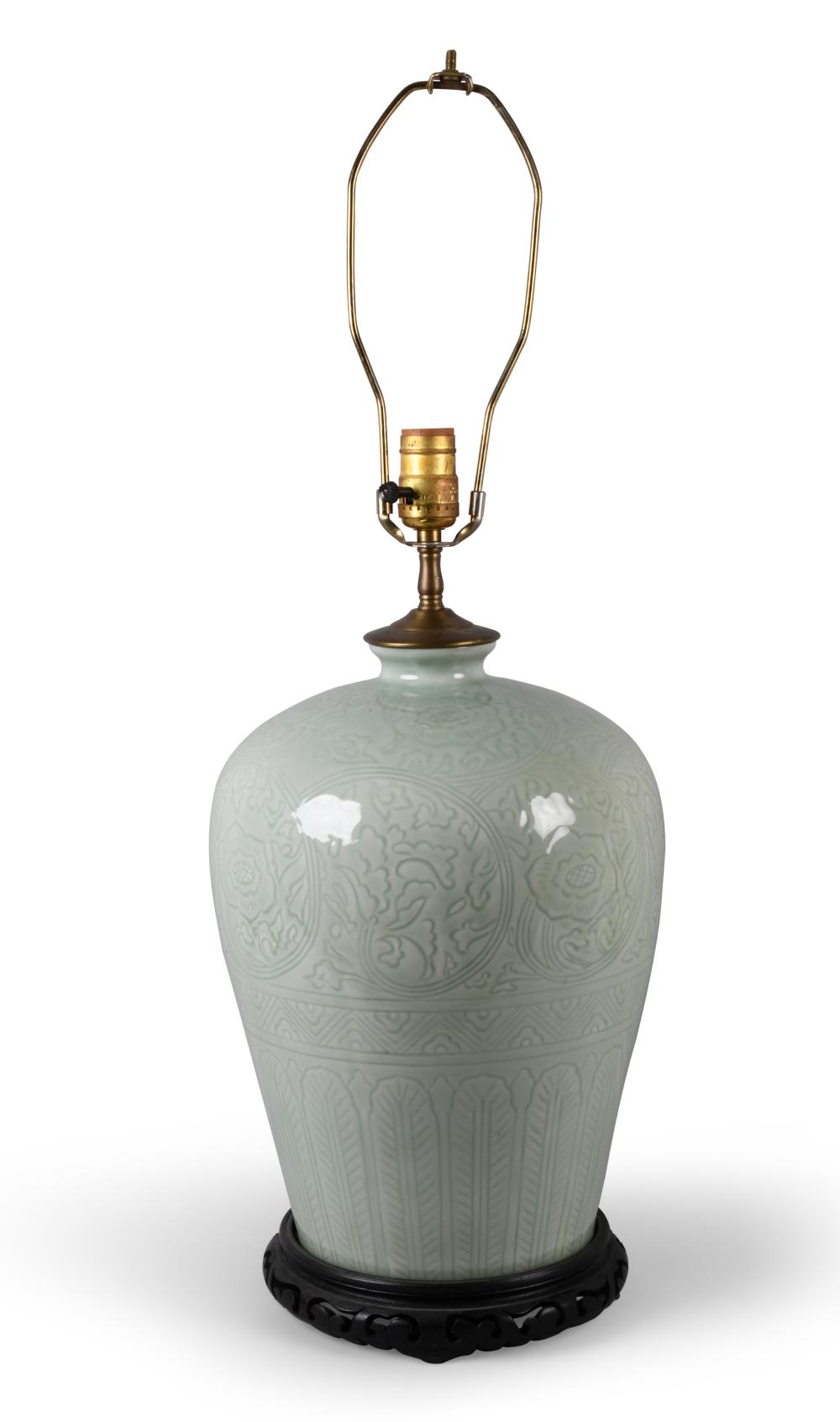 CHINESE CARVED CELADON TABLE LAMP