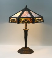 8 PANEL SLAG GLASS FILIGREE TABLE LAMP: