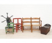 Wool winder (37h), two painted chairs,