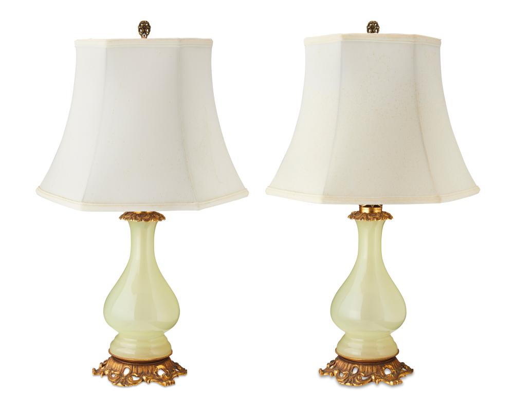 A PAIR OF OPALINE GLASS AND GILT BRONZE 2ee9c1
