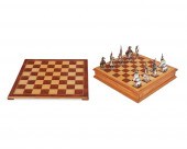 A LEAD FIGURAL CHESS SET WITH WOOD BOARDA