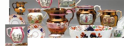 Group of Staffordshire copper and pink lustre