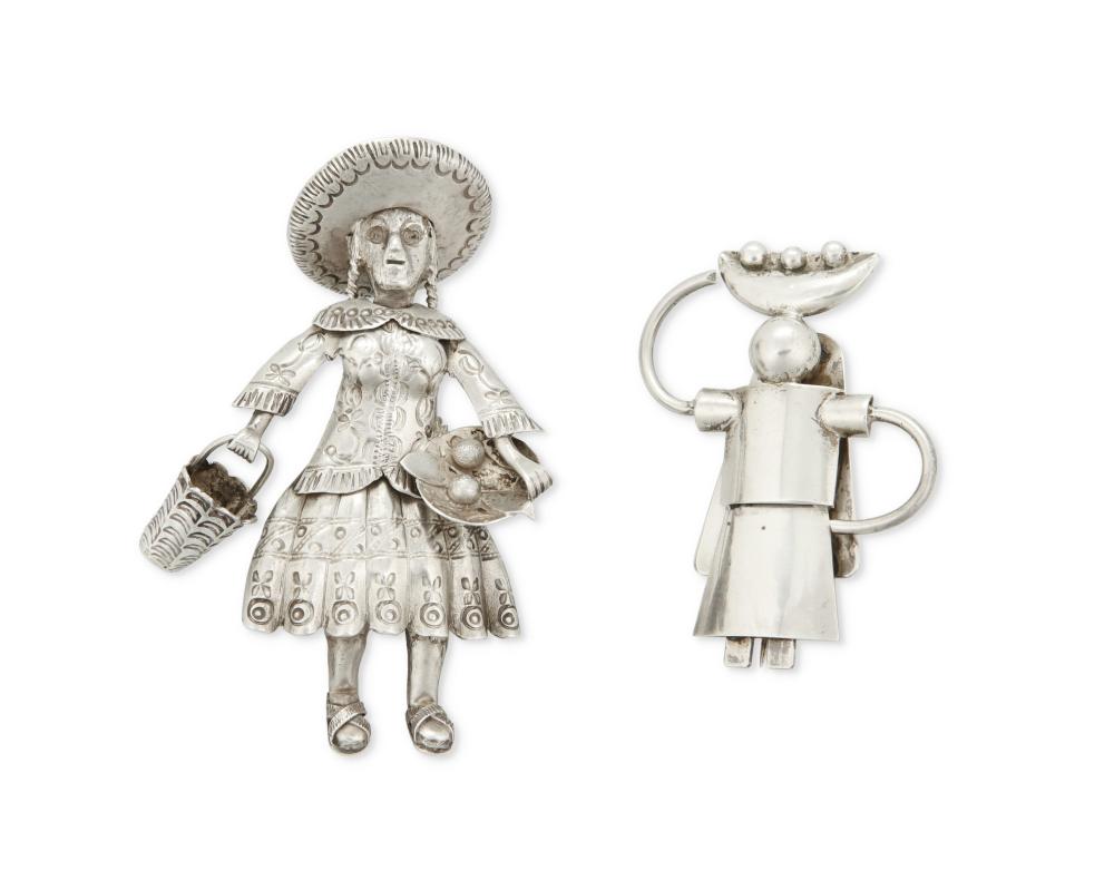 TWO MEXICAN SILVER FIGURAL BROOCHESTwo