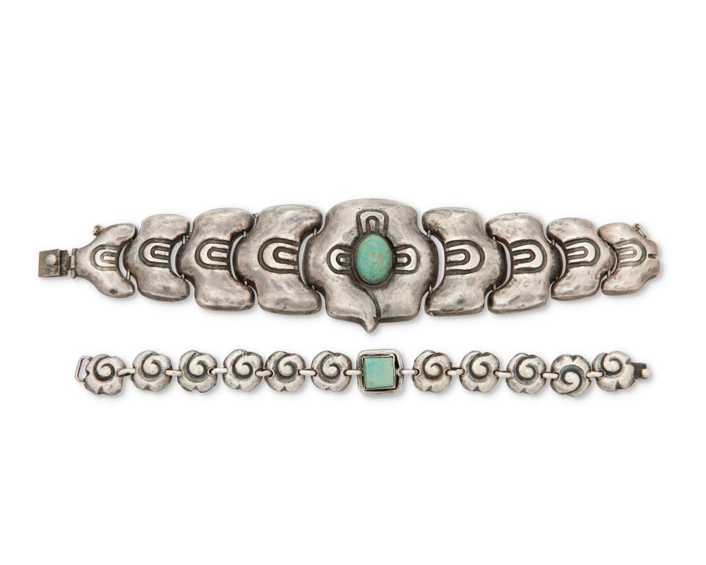 TWO MATL SILVER AND TURQUOISE BRACELETSTwo 2ee679