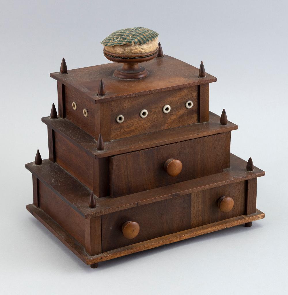 WOODEN THREE-TIER SEWING BOX 19TH