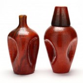 TWO CHROME RED GLAZED PINCH BOTTLES
