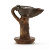NC POTTERY, RAISED ONE-HANDLED OIL LAMP