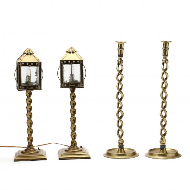 TWO ELECTRIC BRASS LAMPS AND TWO 2f0a0d