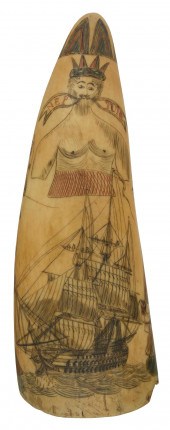 POLYCHROME SCRIMSHAW WHALES TOOTH 19TH