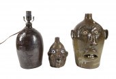 3PCS STONEWARE FACE JUGS AND AN INSCRIBED