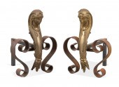 PAIR EGYPTIAN REVIVAL PERIOD BRASS ANDIRONS
