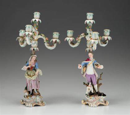 Pair of Meissen porcelain figural three-light