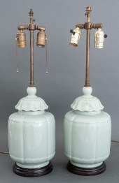 CHINESE CELADON PORCELAIN TABLE LAMPS,