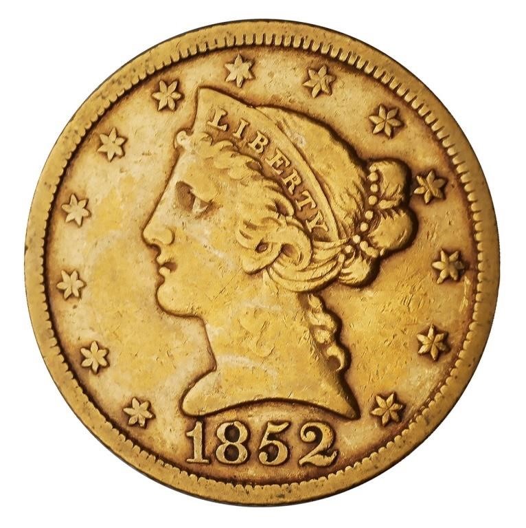 1852 LIBERTY HEAD 5 GOLD COINUS 2fdb3b