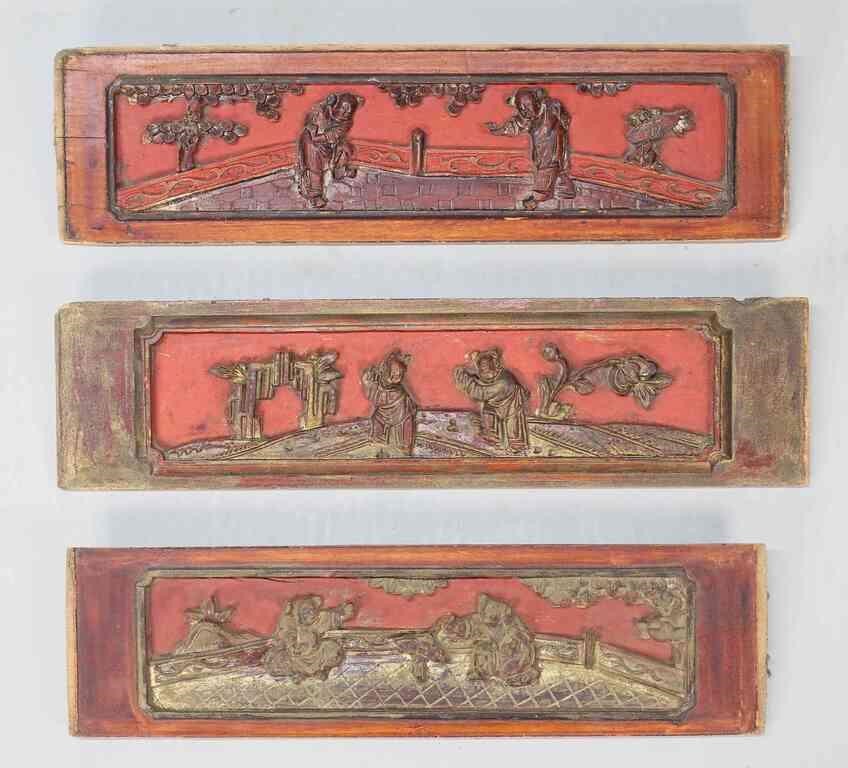 3 CARVED WOOD CHINESE RELIEF PLAQUES3 2fe2d2