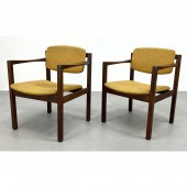 Pr Walnut American Modern Open Arm Chairs.