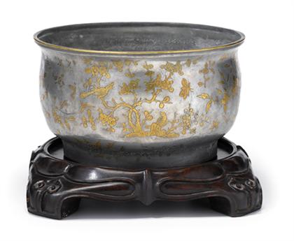 Large Chinese pewter and gilt decorated brazier