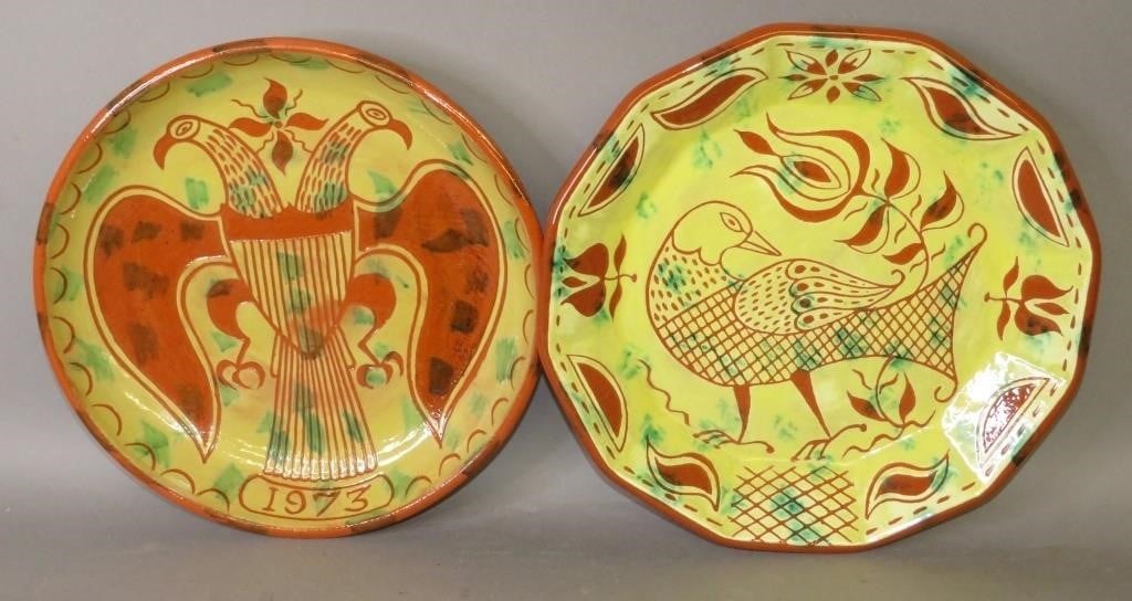 2 SGRAFFITO DECORATED REDWARE PLATES 30057d