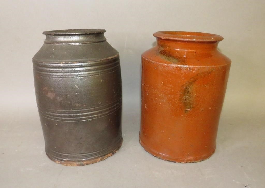 2 PA CYLINDRICAL REDWARE JARS WITH 300806