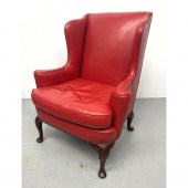 Red Leather Queen Anne Wing Chair. Stud