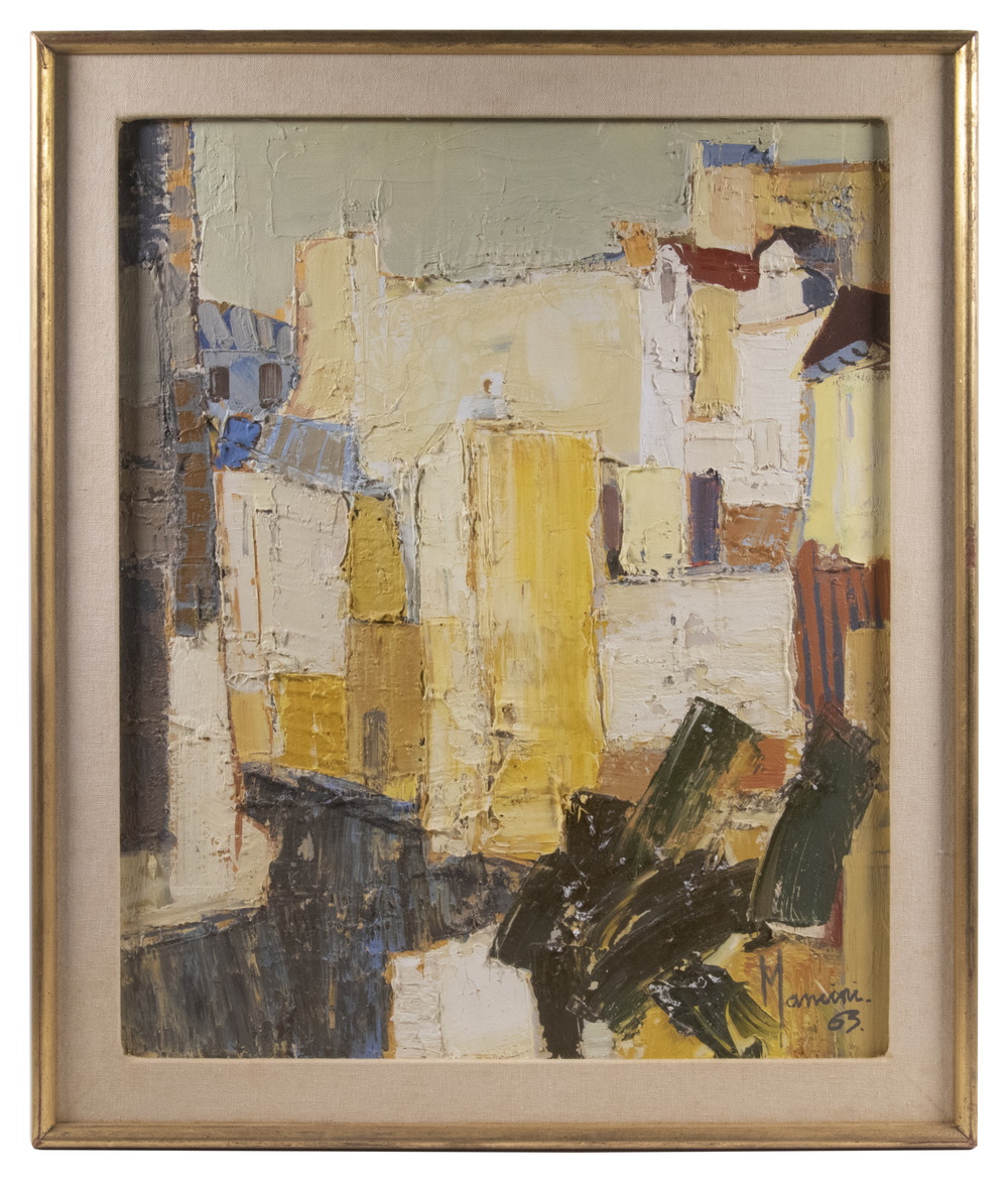 MIDCENTURY ABSTRACT OIL OF HOUSES 302bff