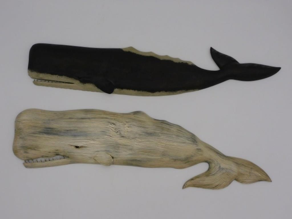  2 CARVED AND PAINTED WHALE PLAQUES 30364e