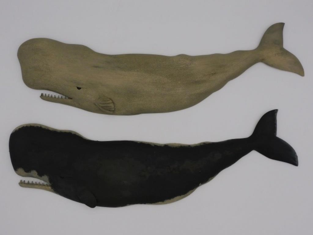  2 CARVED AND PAINTED WHALE PLAQUES 30364f