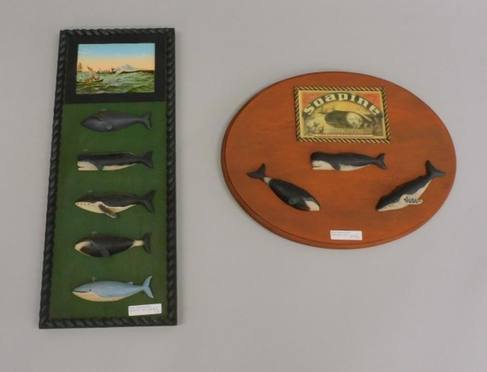  2 CARVED AND PAINTED WHALE PLAQUES 303650