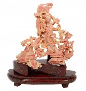 CHINESE CARVED CORAL GUANYIN WITH BIRDSChinese