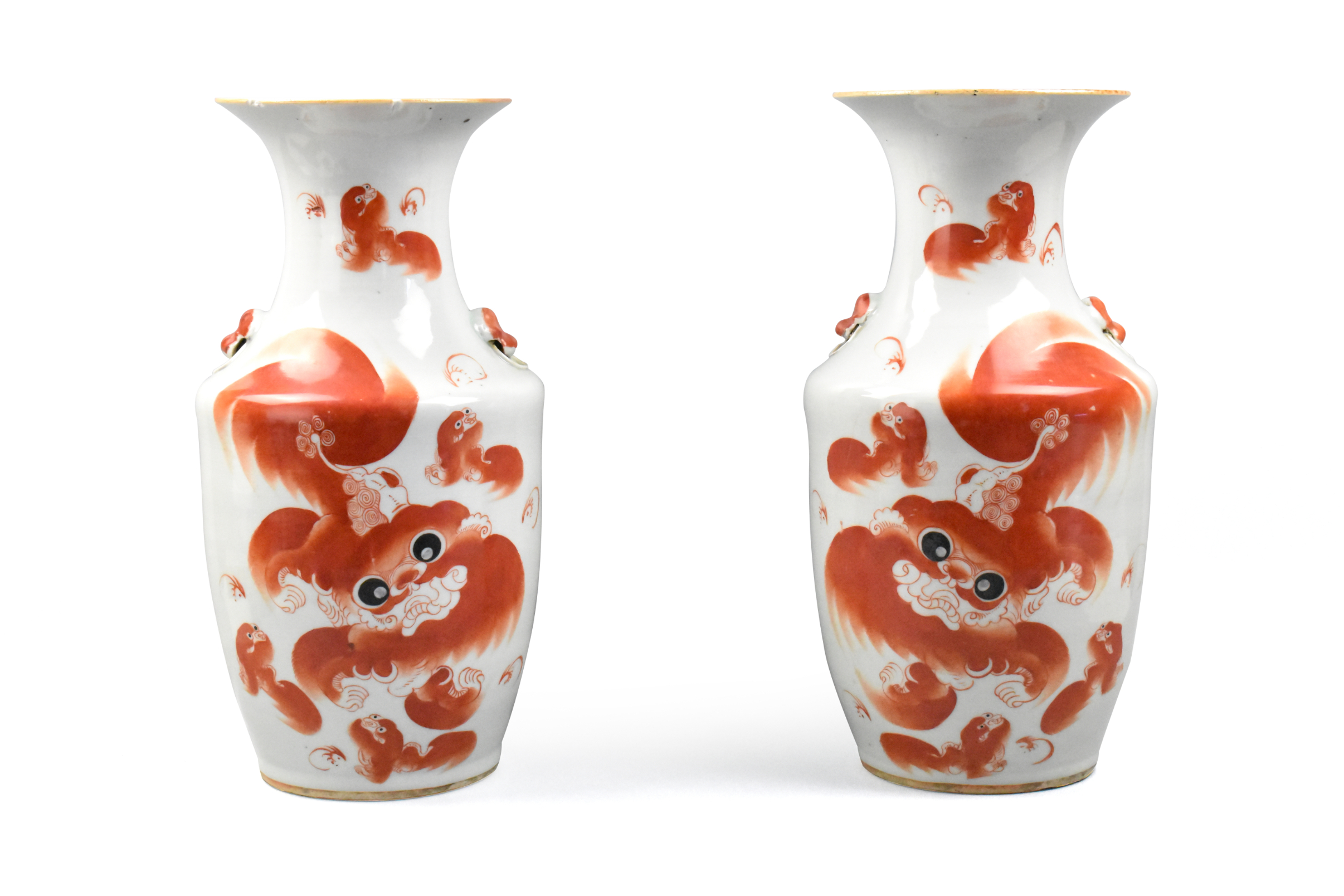 PAIR OF CHINESE IRON RED FOO LIONS 301615