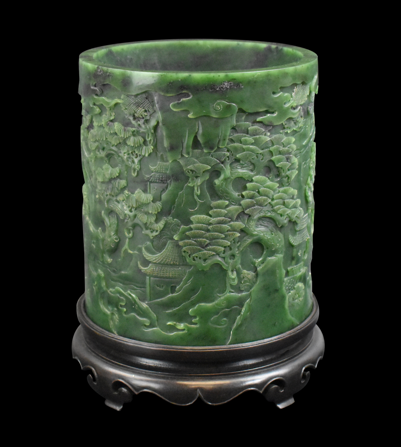 CHINESE SPINACH JADE CARVED BRUSHPOT 30174c