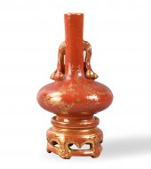 CHINESE GILT CORAL RED VASE ON STAND,