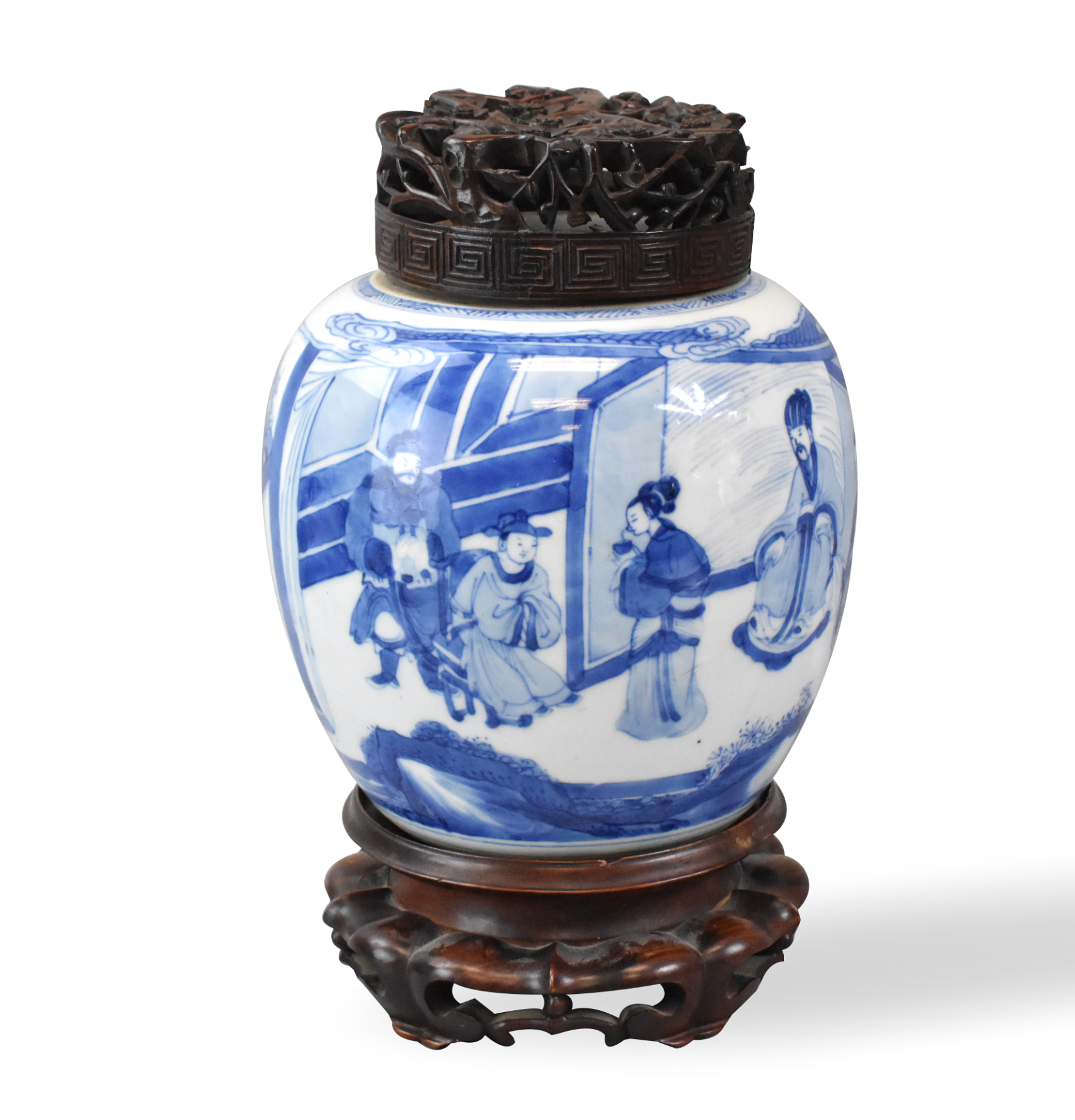 CHINESE BLUE WHITE FIGURAL JAR 301cde