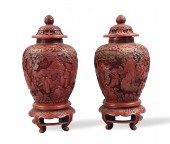 PAIR CHINESE CINNABAR CARVED COVERED