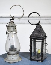TWO ANTIQUE TIN HANGING LAMPS. First