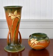 Two vintage Roseville vases with lily