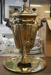RUSSIAN BRASS SAMOVAR WITH TRAY, H: