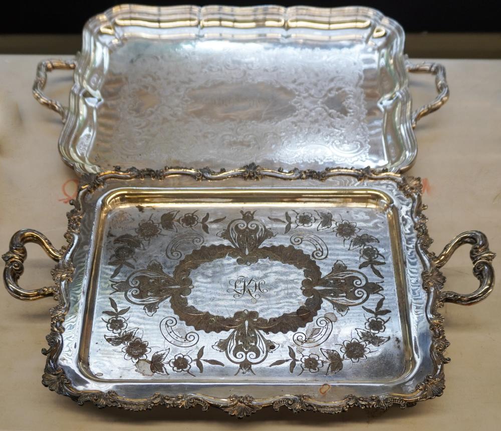 TWO SILVER PLATED TWO HANDLED WAITERS  309e56