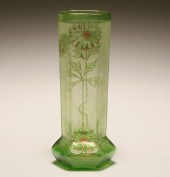 Mont Joye green art glass enameled vase