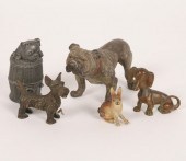 Five metal animals; bronze scottie corkscrew,
