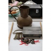 Brass jug, keys, pewter desk companion,