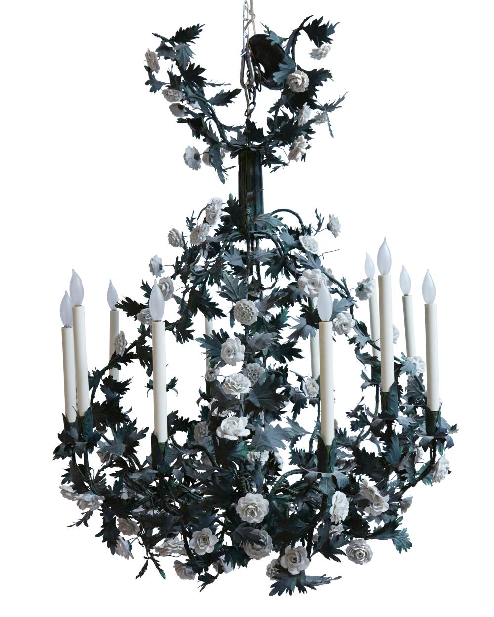 A FRENCH TOLE AND PORCELAIN CHANDELIERA 30b21b