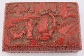 CHINESE CARVED RED CINNABAR LIDDED BOX.