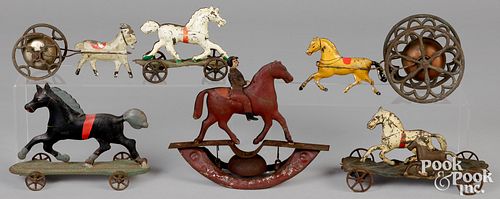 SIX PAINTED TIN PLATFORM AND BELL 30f91d