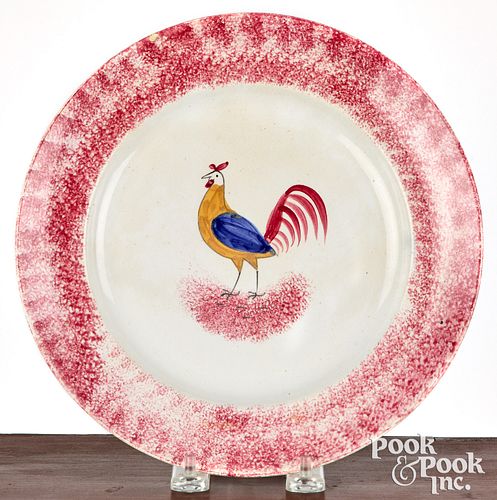 RED SPATTERWARE ROOSTER PLATE,