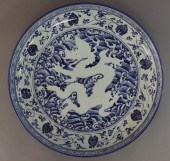 Large blue and white Ming reverse dragon