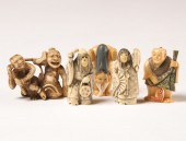 Carved elephant ivory netsukes and figures: