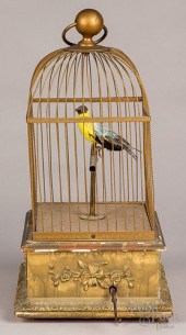 FRENCH CLOCKWORK SINGING BIRD IN CAGE